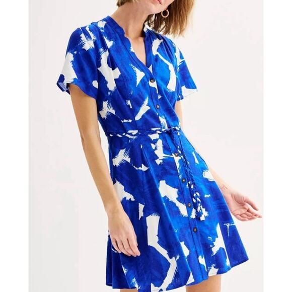 Nine West Size Small Flutter Sleeve Button Front Godet Dress Santorini Blue - Picture 1 of 9